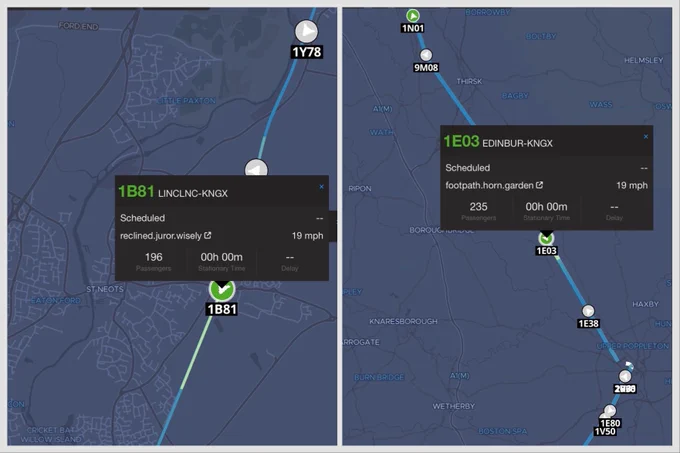 Two screenshots from a geographical information system showing two trains passing through the speed restrictions, one shows train 1B81 going through the 20mph speed restriction at St Neots and the other shows train 1E03 going through the 20mph speed restriction at Tollerton. Both trains show a speed of 19mph.
