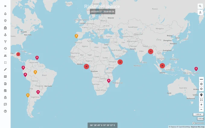 Screenshot from the Risk Intelligence System showing locations of piracy-related incidents since 27 May 2025, with 49% occurring in South East Asia, mainly theft and armed robbery.