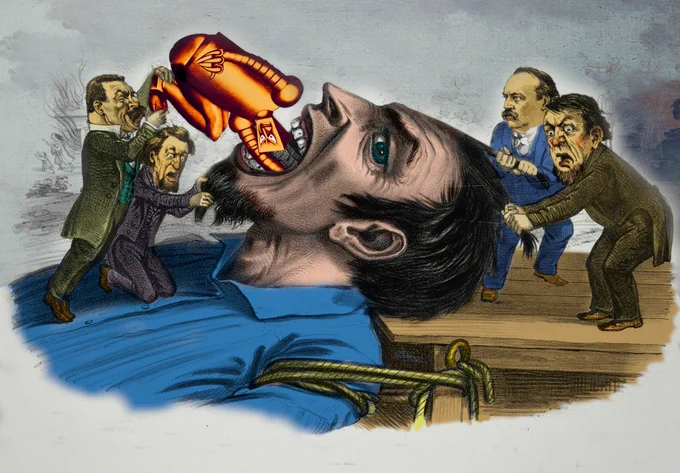 The head and shoulder of a supine bearded man in a chambray shirt. He is tied down with ropes around his shoulders. Four tiny figures with suits and grotesque plutocratic heads are prying his mouth open by yanking at his hair and beard. Once of the men is shoving an evil robot into his mouth.