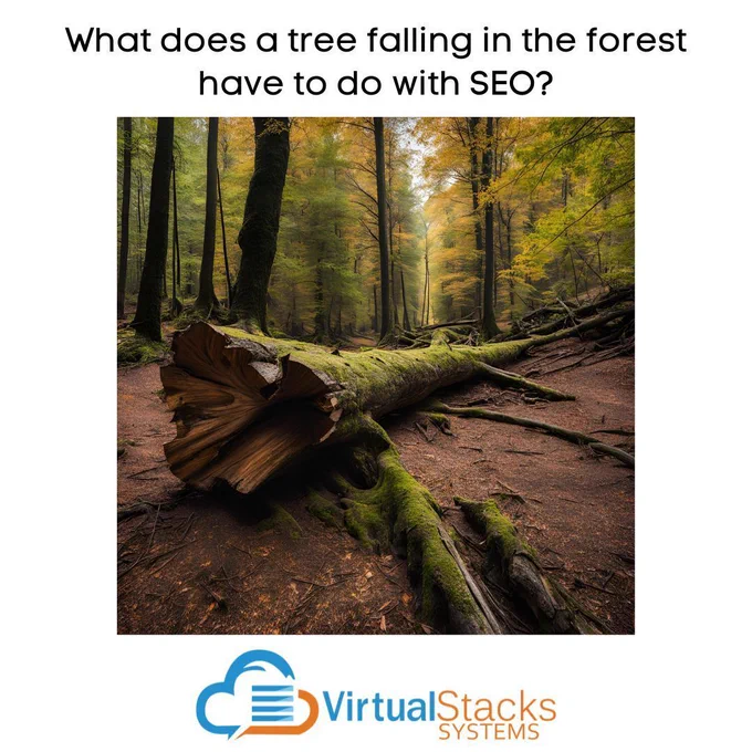 Illustration of fallen tree in the forest; Virtual Stacks Systems logo.