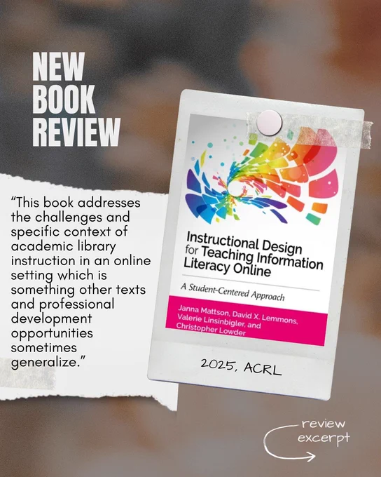 New book review. Instructional design for teaching information literacy online: A student-centered approach. "The book addresses the challenges and specific context of academic library instruction in an online setting which is something other texts and professional development opportunities sometimes generalize."