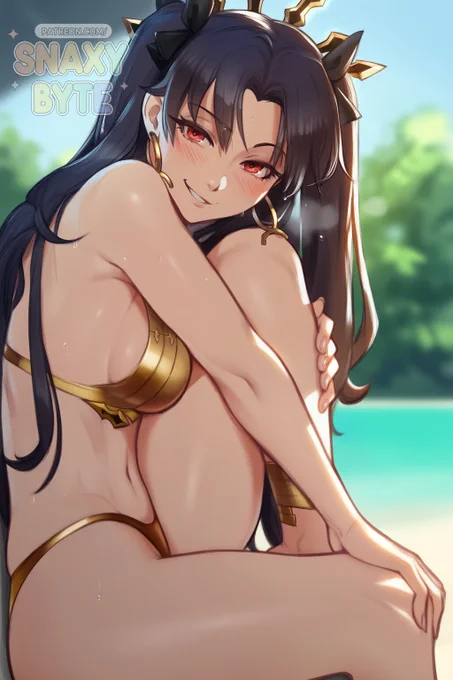 A young woman with long dark hair and red eyes sits playfully by a beach, wearing a gold bikini and smiling gently.