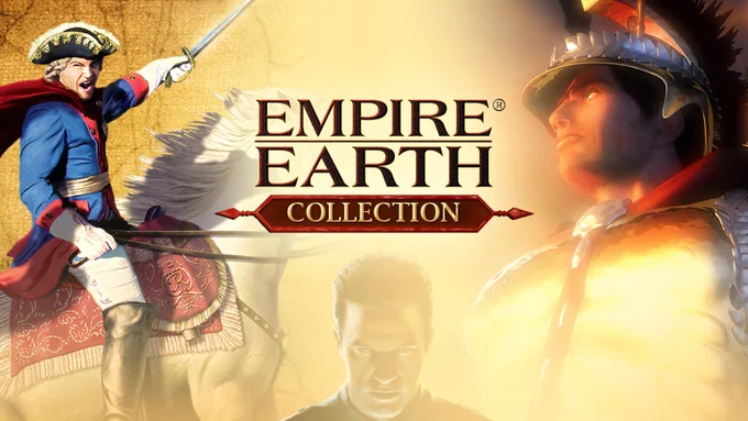 Cover art for "Empire Earth Collection" featuring a person in historical military attire on horseback, another in armour with a helmet, and a central figure with a determined expression. The background blends historical and dramatic themes.