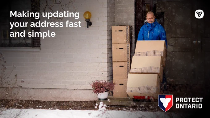 Person moving boxes out of a house. Text: Making updating your address fast and simple