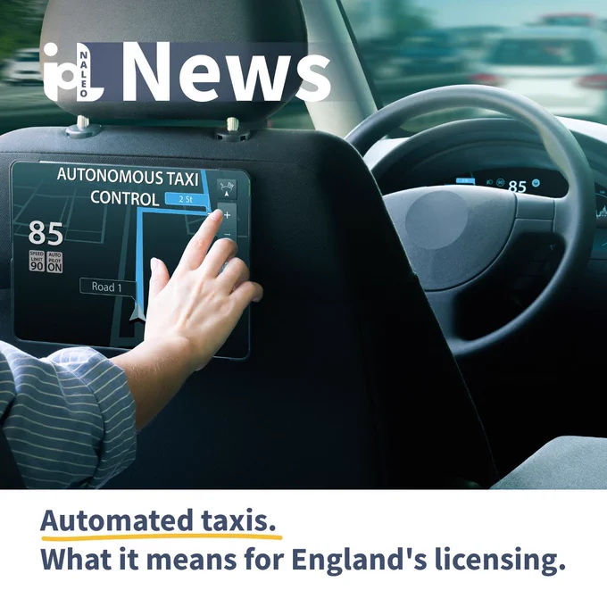 Passenger in a vehicle interacting with an autonomous taxi control screen on the back of a headrest. IoL News graphic. Text reads: Automated taxis. What it means for England's licensing.