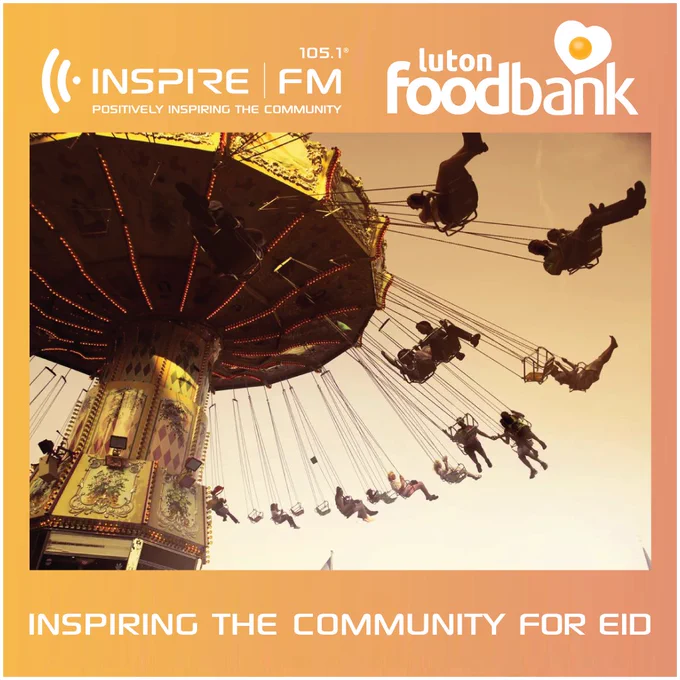 Photo of a fairground ride, with the slogan "Inspiring the community for Eid."