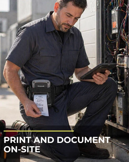 Field technician kneeling beside industrial equipment while using a tablet and printing a document from an AgozTech's belt-mounted Honeywell mobile printer. Text on image reads: “Print and Document On-Site.”