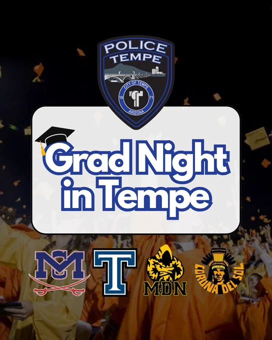Graduation caps being thrown in the air with the "Police Tempe" logo above. In the center, text reads "Grad Night in Tempe" with a graduation cap graphic. Logos of schools or entities are displayed at the bottom.