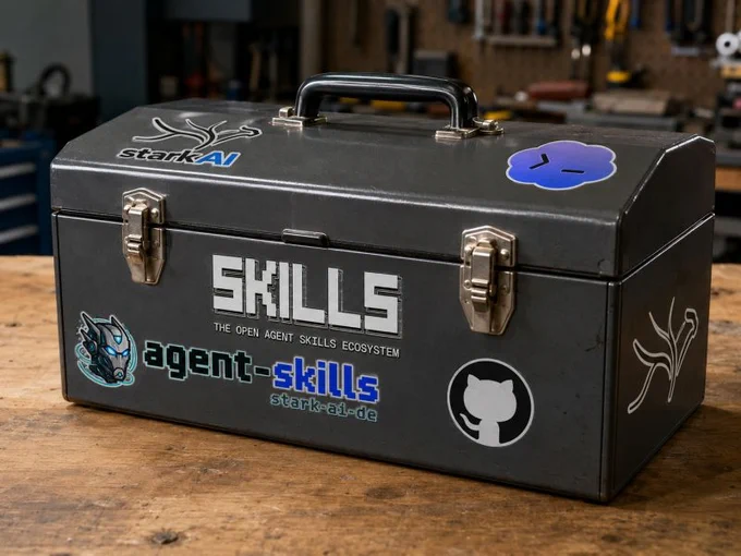 A workshop toolbox covered with stark AI and agent-skills stickers, representing reusable operating context for AI-assisted engineering.