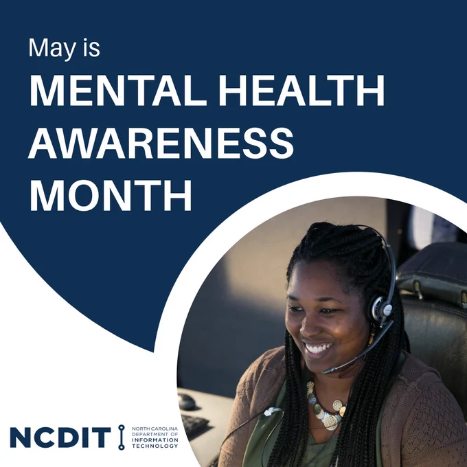 911 telecommunicator smiling with text that reads "May is Mental Health Awareness Month".