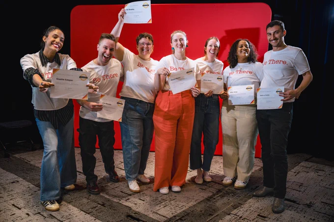 Photo featuring members of team Born This Way Foundation posing with their Be There Certificates during #GenBeThere: A Night of Connection, Community, and Action.