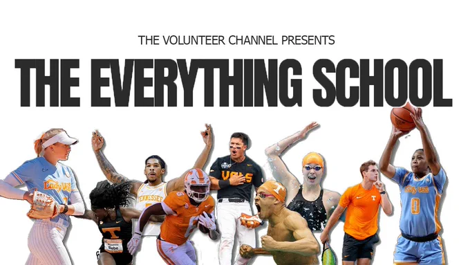 Poster of athletes from various sports like softball, football, and basketball are in action poses under the bold text "The Everything School." Energetic and dynamic.