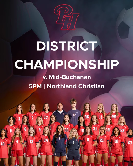 A group photo of a soccer team in red uniforms, celebrating their participation in the district championship. The background features soccer balls and text information about the match.