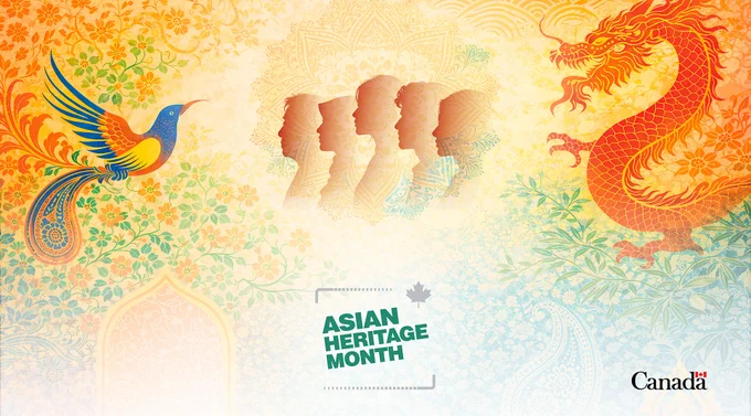 Promotional image for Asian Heritage Month featuring florals, a bird, dragon and human silhouettes