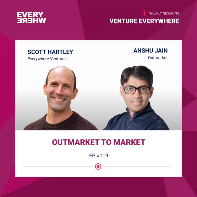 A promotional graphic for episode #119 of the “Venture Everywhere” podcast. The magenta header displays the mirrored “EVERYWHERE” Ventures logo on the left and “VENTURE EVERYWHERE” with “WEEKLY SESSIONS” on the right. Below, two guests are shown side by side, one from Everywhere Ventures on the left and one from Outmarket on the right. The episode title “OUTMARKET TO MARKET” and “EP #119” appear in bold text beneath their photos.