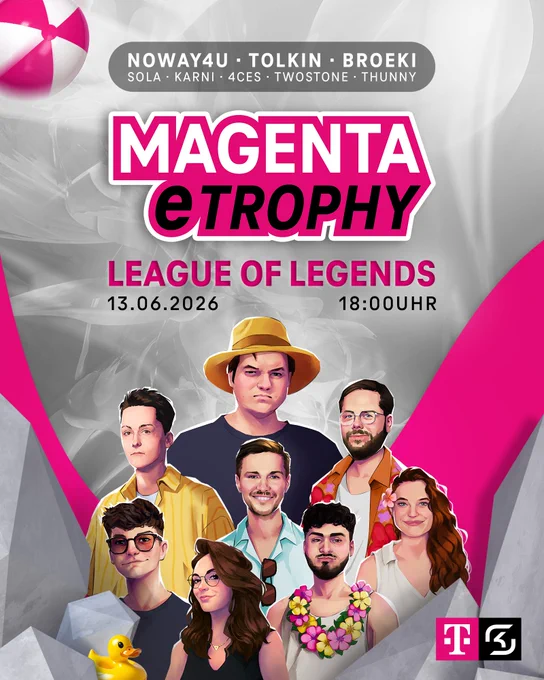 Magenta eTrophy League of Legends
13.06.2026 - 18:00 Uhr Finale
Noway4u - Tolkin - Broeki
Sola - Karni - 4ces - TwoStone - Thunny