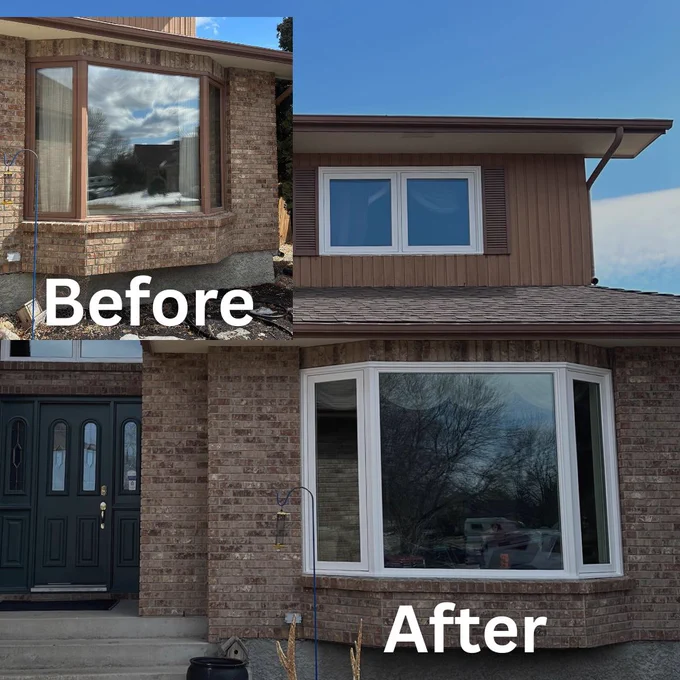 Before and after bay window replacement on Winnipeg home showing custom energy-efficient bay window upgrade built for Manitoba conditions.