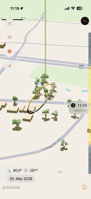 SolarWatch Shadow Map showing the sunlight coming from straight up in Lahania.