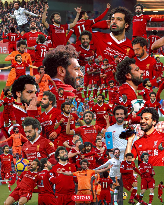 Graphic showcasing a collage of images of Mo Salah during the 2017/18 season.