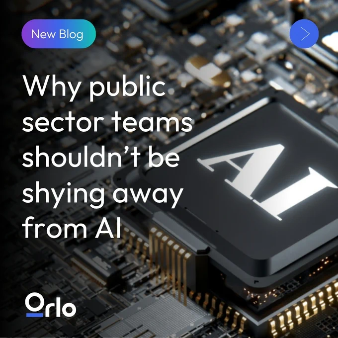 Image about a new blog post with the title 'Why public sector teams shouldn't be shying away from AI' featuring a computer chip with 'AI' and overlaid text.