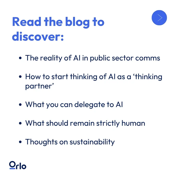 Blog post topics about AI in public sector communications, including delegation and sustainability.