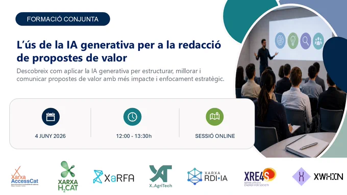 Cartell de la formació "L'ús de la IA generativa per a la redacció de propostes de valor". Al cartell s'hi llegeix: "descobreix com aplicar la IA generativa per estructurar, millorar i comunicar propostes de valor amb més impacte i enfocament estratègic". 4 de juny, de 12 a 13:30 h, sessió online. El cartell el completen els logotips de les xarxes participants.