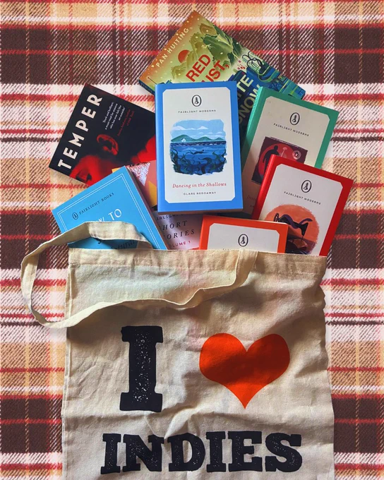 A picture of a tote bag that says 'I heart Indies', with several books spilling out: How to Sleep by Lucinda Ford, Temper by Phoebe Walker, The Fairlight Book of Short Stories, Dancing in the Shallows by Clare Reddaway, Red Dust, White Snow by Pan Huiting, Inside the Bone Box by Anthony Ferner, and The Two-Tailed Snake by Nod Ghosh. The background is a plaid, picnic blanket-like pattern.