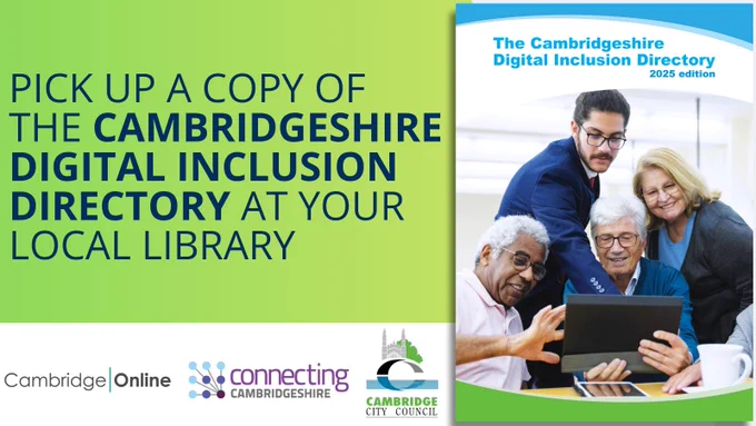 Cover of the 2023 Cambridgeshire Digital Inclusion Directory showing diverse people using a tablet together.