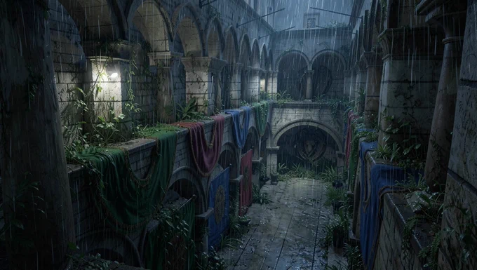 convert this 3D viewport render into a photorealistic architectural visualization, preserve geometry, perspective, object placement and scale, replace flat 3D materials with realistic PBR materials, add realistic global illumination, contact shadows, fabric texture, wood grain, wall paint texture, realistic plant leaves, natural window light, physically accurate lighting, high quality photorealistic render. Night lighting. stormy weather, heavy rain, post-apocaliptic scene entirely covered with vegetation
