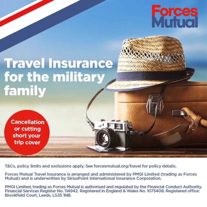 Travel Insurance for the military family  Cancellation or cutting short your trip cover  T&Cs, policy limits and exclusions apply.  See www.forcesmutual.org/travel for full policy details. Forces Mutual Travel Insurance is arranged and administered by PMGI Limited (trading as Forces Mutual) and is underwritten by SiriusPoint International Insurance Corporation.  PMGI Limited, trading as Forces Mutual is authorised and regulated  by the Financial Conduct Authority. Financial Services Register  No. 114942. Registered in England & Wales No. 1073408.  Registered office: Brookfield Court, Selby Road, Leeds, LS25 1NB. Forces Mutual