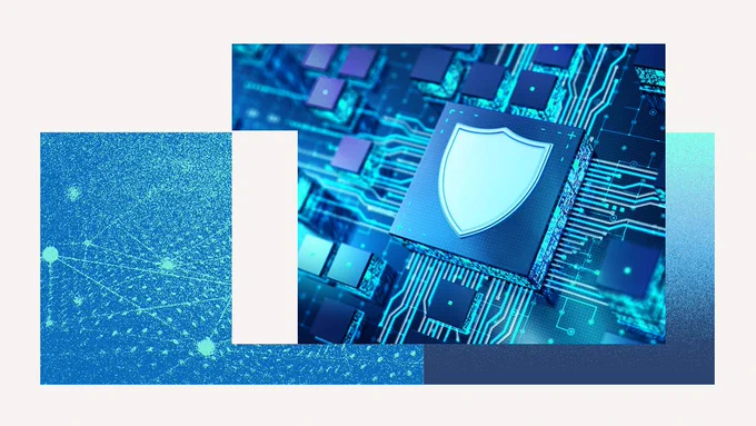 Digital shield icon on a microchip, symbolizing cybersecurity and protection.
