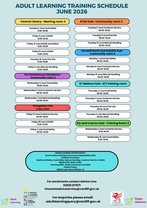 A poster showing Adult Learning's training timetable for June 2026.