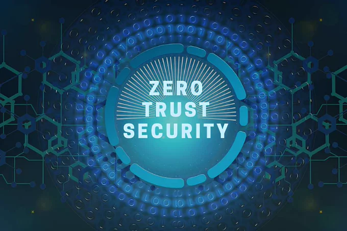 Abstract dark blue cybersecurity graphic with the text 'ZERO TRUST SECURITY' inside a glowing blue circle surrounded by binary code and circuits.