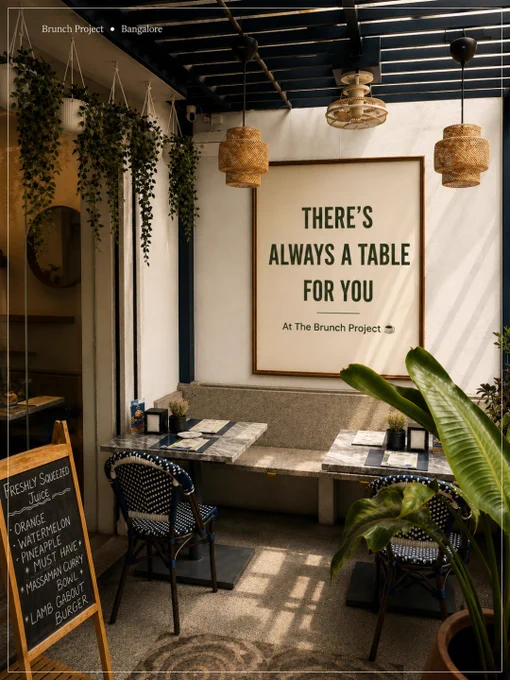 Aesthetic brunch café interiors and lifestyle moments at The Brunch Project in Koramangala, Bangalore. The collage-style visuals showcase cozy marble-top café seating with woven blue chairs, warm natural sunlight, hanging plants, and elegant neutral-toned interiors designed for relaxed brunch experiences. One image features a specialty coffee cup with soft latte art beside dried flowers and typography reading “When you need to catch up.” Another shows guests enjoying a board game and brunch session with the line “When you need to stay a little longer,” highlighting the café’s warm social atmosphere. The final visual displays a full brunch spread with pancakes, burgers, milkshakes, eggs, coffee, and comfort food plates styled on a marble table surrounded by lush greenery. The mood is cinematic, cozy, and inviting, reflecting Bangalore’s modern café culture and the experience of slow mornings, meaningful conversations, specialty coffee, and long brunch catch-ups at The Brunch Project.
