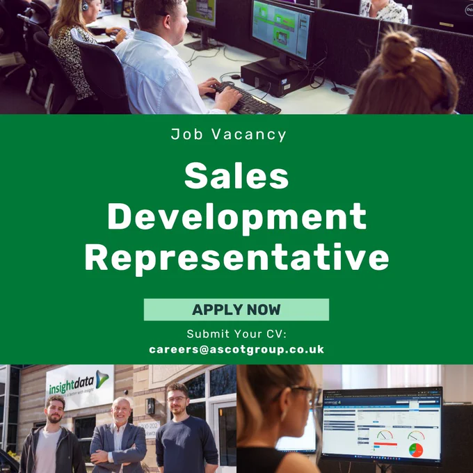 A job advertisement for a Sales Development Representative featuring office and team scenes. The mood is professional and inviting.