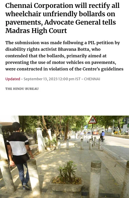 Screenshot regarding Madras High Court judgement on bollards blocking wheelchairs in Chennai https://www.thehindu.com/news/cities/chennai/chennai-corporation-will-rectify-all-wheelchair-unfriendly-bollards-on-pavements-advocate-general-tells-madras-high-court/article67302058.ece