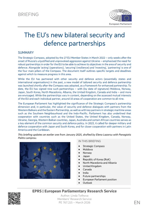 EPRS briefing summary on 'The EU's new bilateral security and defence partnerships' (March 2026)