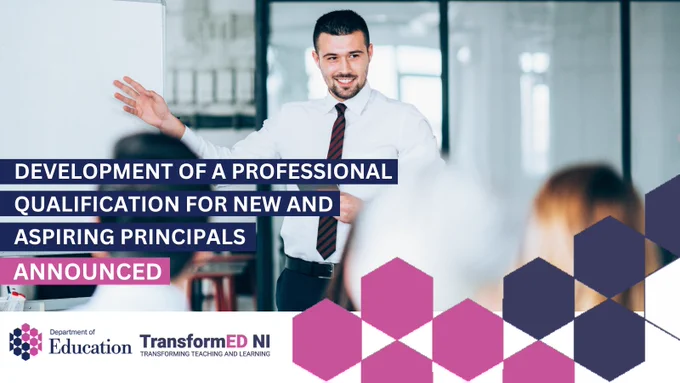 Illustrated graphic that says - Development of a professional qualification for new and aspiring principals, announced.