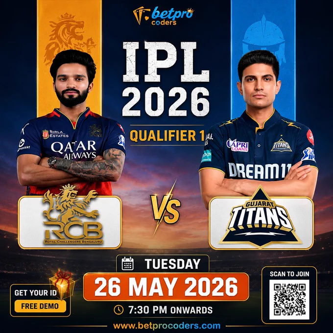 IPL 2026 Qualifier 1 match poster featuring Royal Challengers Bengaluru vs Gujarat Titans scheduled at 7:30 PM with fiery cricket stadium background, player visuals, and BetProCoders branding promoting cricket live line APIs and sportsbook betting panel solutions.