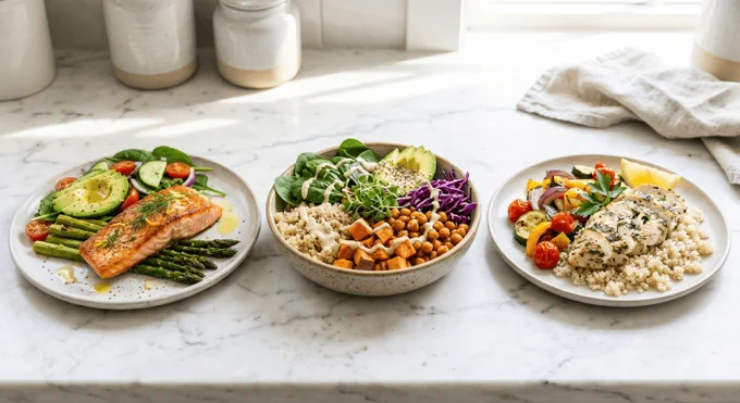 Three plated meals in a row: seared salmon with avocado and asparagus; a plant-based bowl with sweet potatoes, chickpeas, and spinach; and sliced grilled chicken over quinoa with roasted vegetables. Bright, natural morning light.