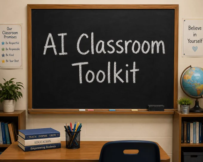 Chalkboard reading “AI Classroom Toolkit” in a classroom with books, pencils, posters, and a globe.