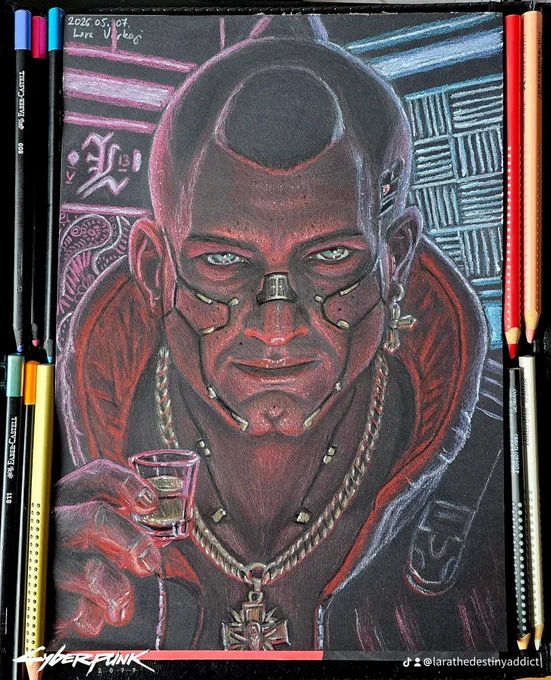 Portrait drawing of Jackie Welles from Cyberpunk 2077. Jackie faces the viewer and holds a filled shot glass in his right hand. Colored pencils lie around the portrait. The Cyberpunk 2077 logo appears in the corner.