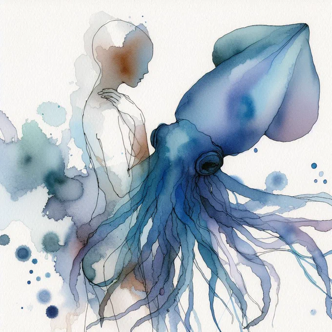 A translucent watercolour figure stands beside a large blue squid, their forms overlapping in soft washes of teal, indigo, and grey. The squid’s tentacles drift across the image like flowing ink, creating a dreamlike scene about identity, transformation, and merging with the sea.