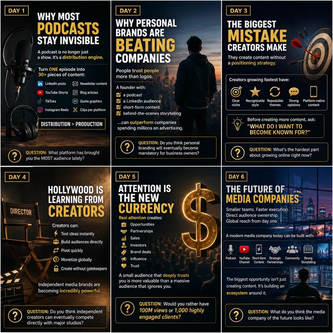 A professional 6-panel LinkedIn carousel design in black and gold focused on modern media, podcasting, creators, and digital business strategy.