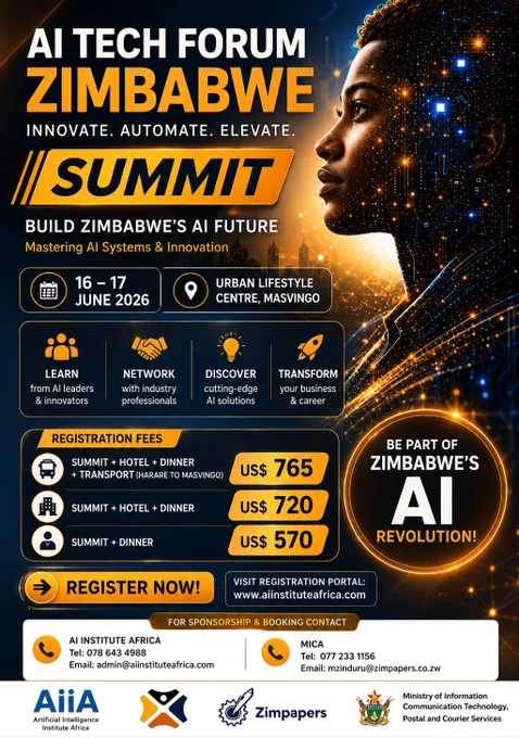 🚀 ZIMBABWE IS STEPPING INTO THE AI ERA 🇿🇼🤖

The future of Artificial Intelligence, innovation, digital transformation, and intelligent systems is here.

Join industry leaders, innovators, entrepreneurs, developers, students, policymakers, and technology enthusiasts at the AI TECH FORUM 