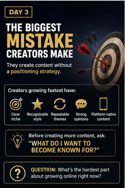 The Biggest Mistake Creators Make” showing a target with arrows and graphics explaining positioning strategy, niche clarity, and brand identity.