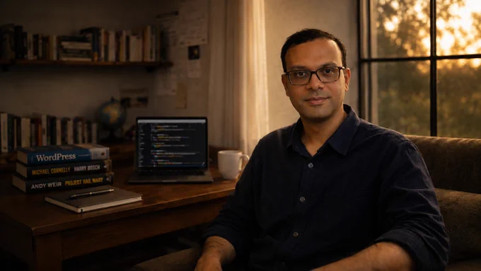 AI Generated image of Ajay D'Souza sitting in front of his laptop and books.
