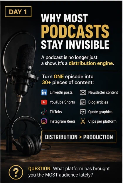 Why Most Podcasts Stay Invisible” with a podcast microphone and content distribution icons representing LinkedIn, YouTube Shorts, TikTok, Instagram, newsletters, and blogs.
