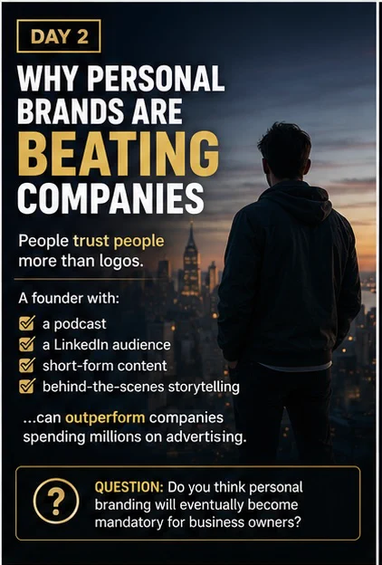 Why Personal Brands Are Beating Companies” featuring a silhouetted entrepreneur overlooking a city skyline, emphasizing trust, audience building, and founder-led media.