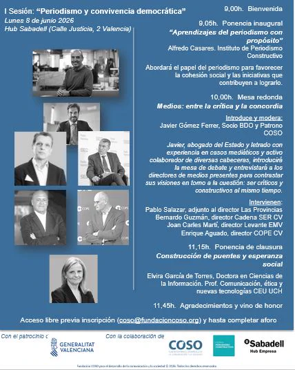 Más allá de su papel fiscalizador, los medios de comunicación también trabajan por la concordia.
Desde la Fundación COSO creemos que los periodistas que buscan la verdad y la presentan con
honestidad contribuyen al entendimiento social, favorecen la construcción de puentes para el
encuentro y quiebran la polarización dominante. Por eso, queremos poner de relieve a través de
distintas sesiones y de la mano del Instituto Periodismo Constructivo qué soluciones proponen los
medios locales en favor de un periodismo comprometido con estos grandes desafíos sociales.